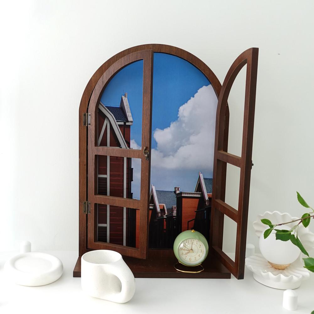 빈티지 우드 아치형 창문 선반 칠판 원목 벽걸이 장식