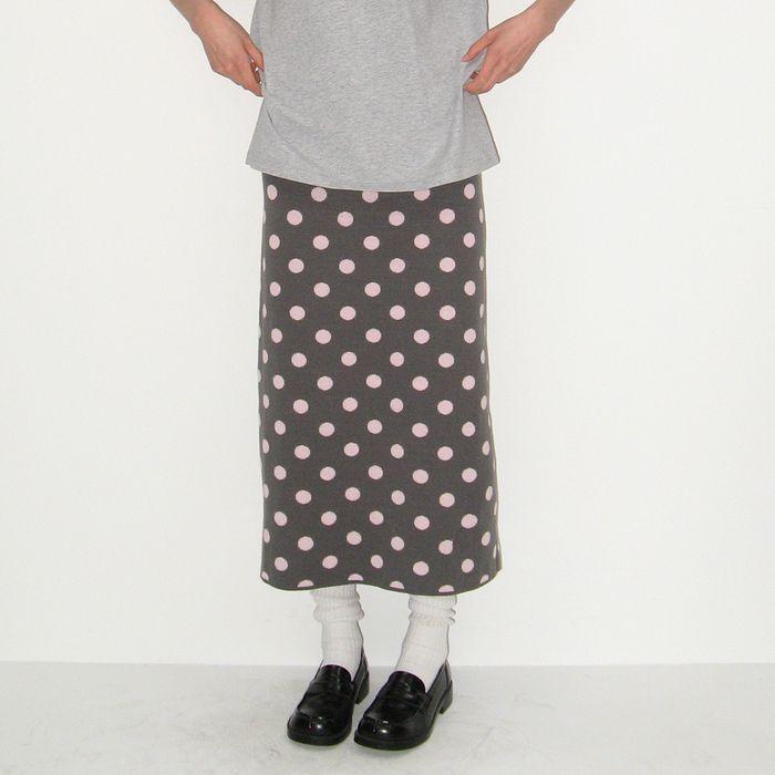 DOT PATTERN BANDING KNIT LONG SKIRT CHARCOAL PINK DOT