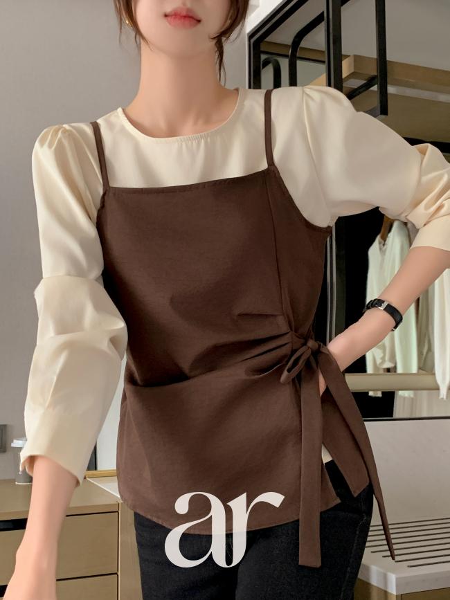 아뜨랑스 [💣빅 할인 블프 특가]사이드 셔링 리본 뷔스티에 레이어드 하객 블라우스 레이어드룩 꾸안꾸룩 데일리블라우스 하객룩 여리핏블라우스 페미닌룩 뷔스티에블라우스 bs8506