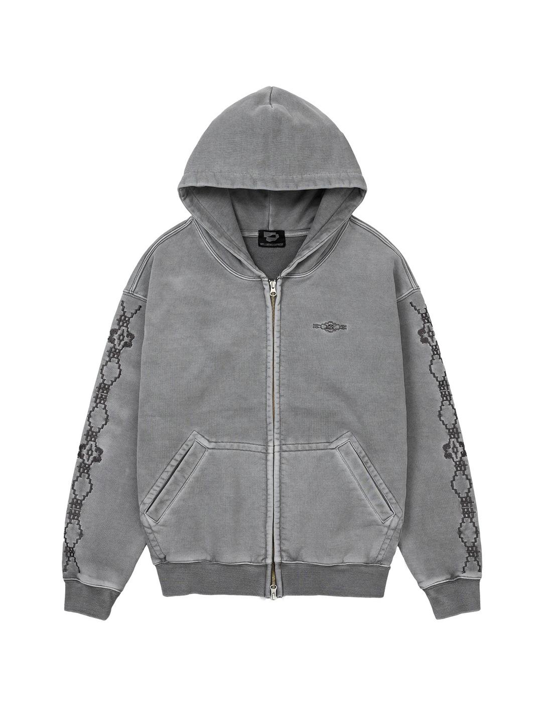 Sleeve Embroidered Zip Up Grey