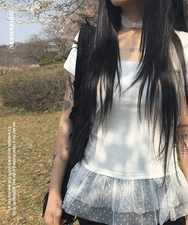 [스카프set/벚꽃룩🌸] 멜랑 도트 머플러 프릴 티셔츠 세트 (3color)