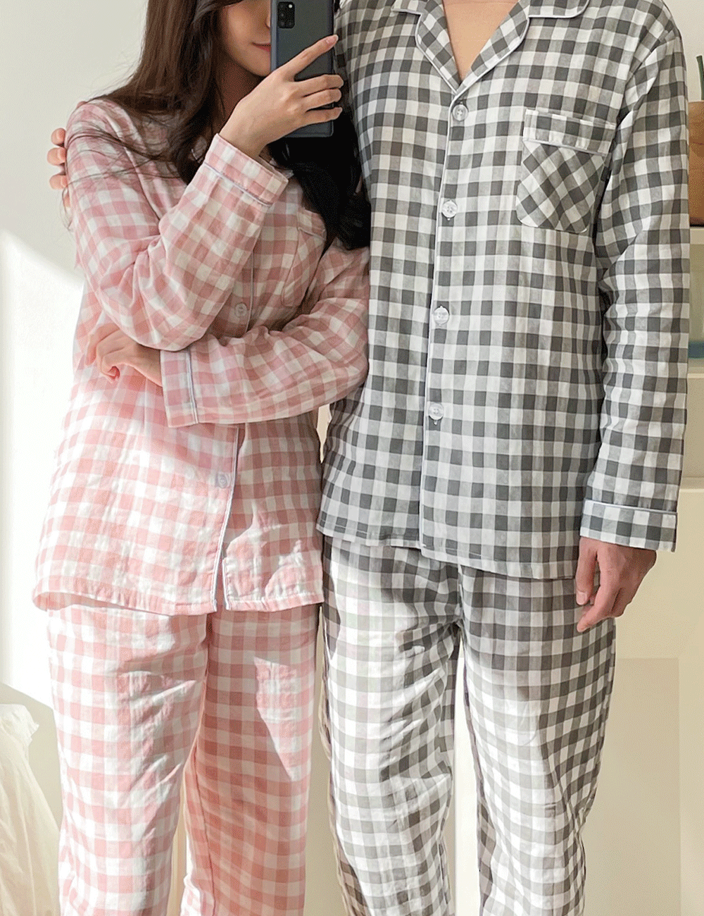 🍋면100%🍋3color 모노체크 긴팔 커플 여성 남성 빅사이즈 잠옷 상의 하의 세트 긴팔 긴바지 파자마 파티 홈웨어 이지웨어