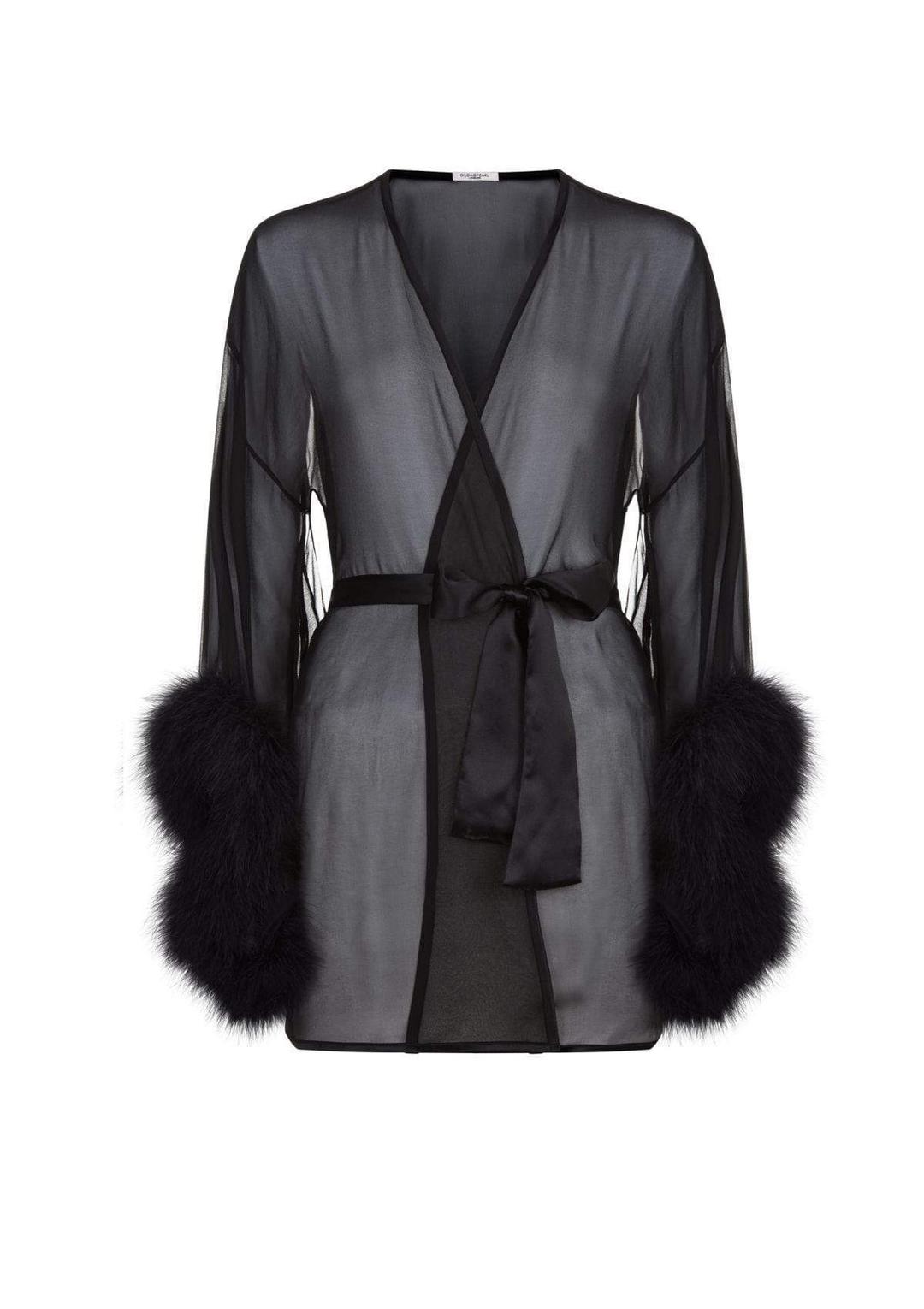 Diana Silk and Marabou Feather Robe in Black