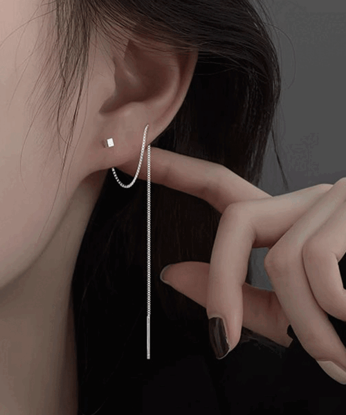 E0008 S925 실버 스퀘어볼 체인 침형 귀걸이