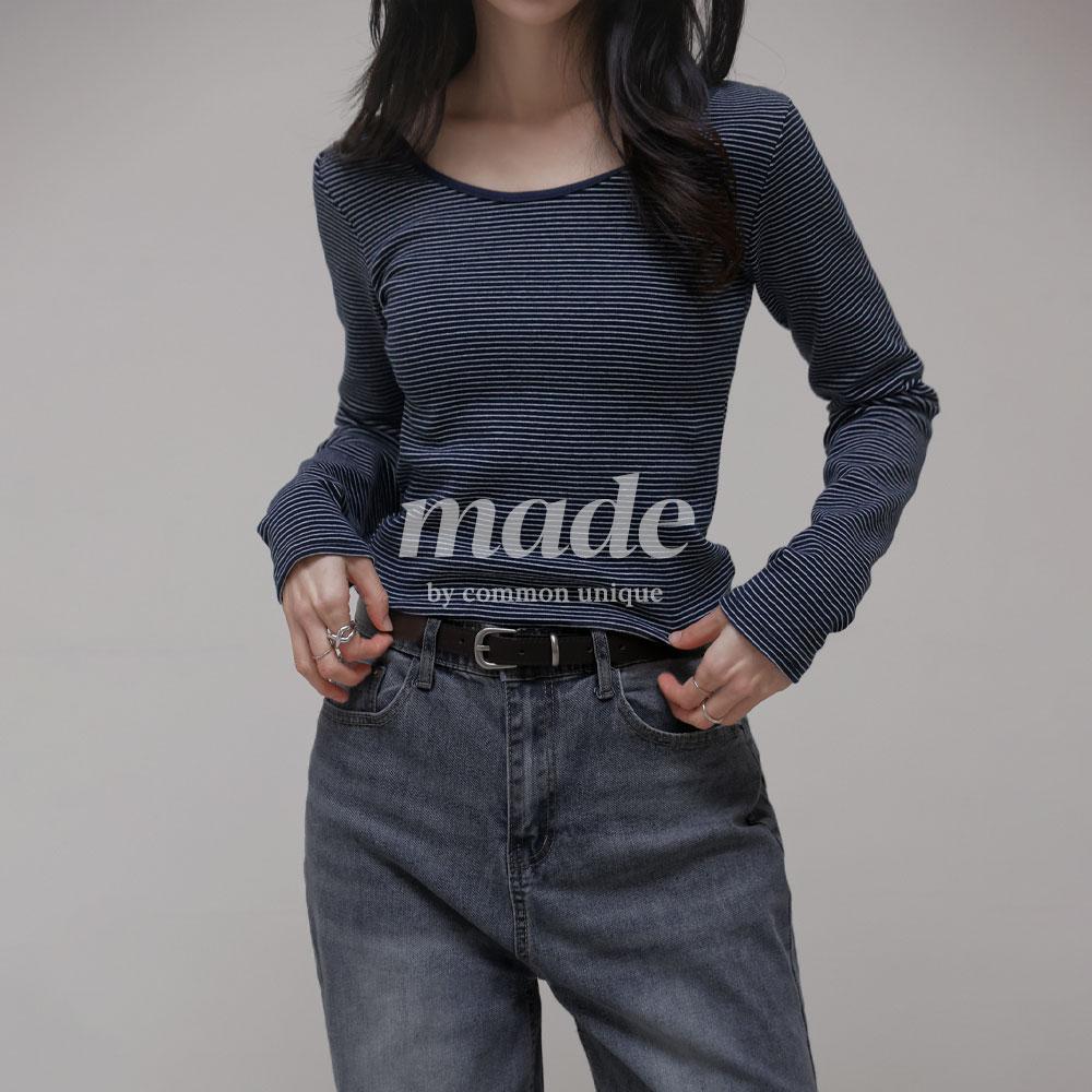 [MADE] 믹스드 컬러 스트라이프 보트 넥 티셔츠 (간절기/봄/사계절/여름/단가라/이너/이너티/입술넥/레이어드/라운드넥/빈티지/캐주얼/데일리룩)