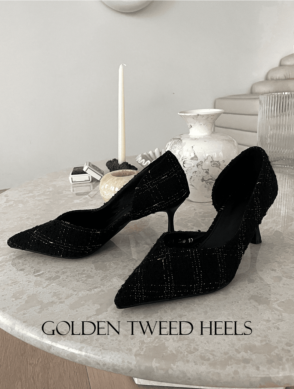 golden tweed heels