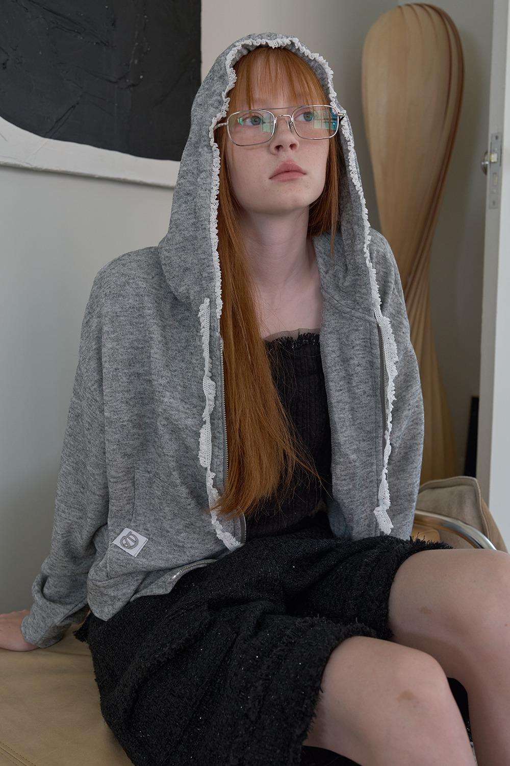 3RD | LACE TRIM ZIP-UP HOODY [MELANGE GREY][10월18일 순차배송]
