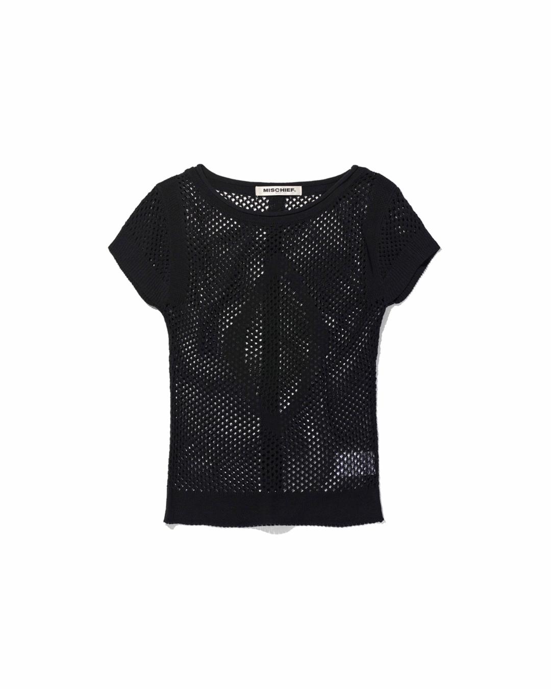 RHOMBUS CROCHET KNIT SHORT SLEEVE_BLACK
