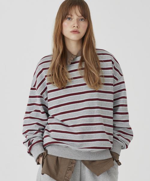 스트라이프 크루넥 스웨트셔츠 [멜란지그레이+버건디]