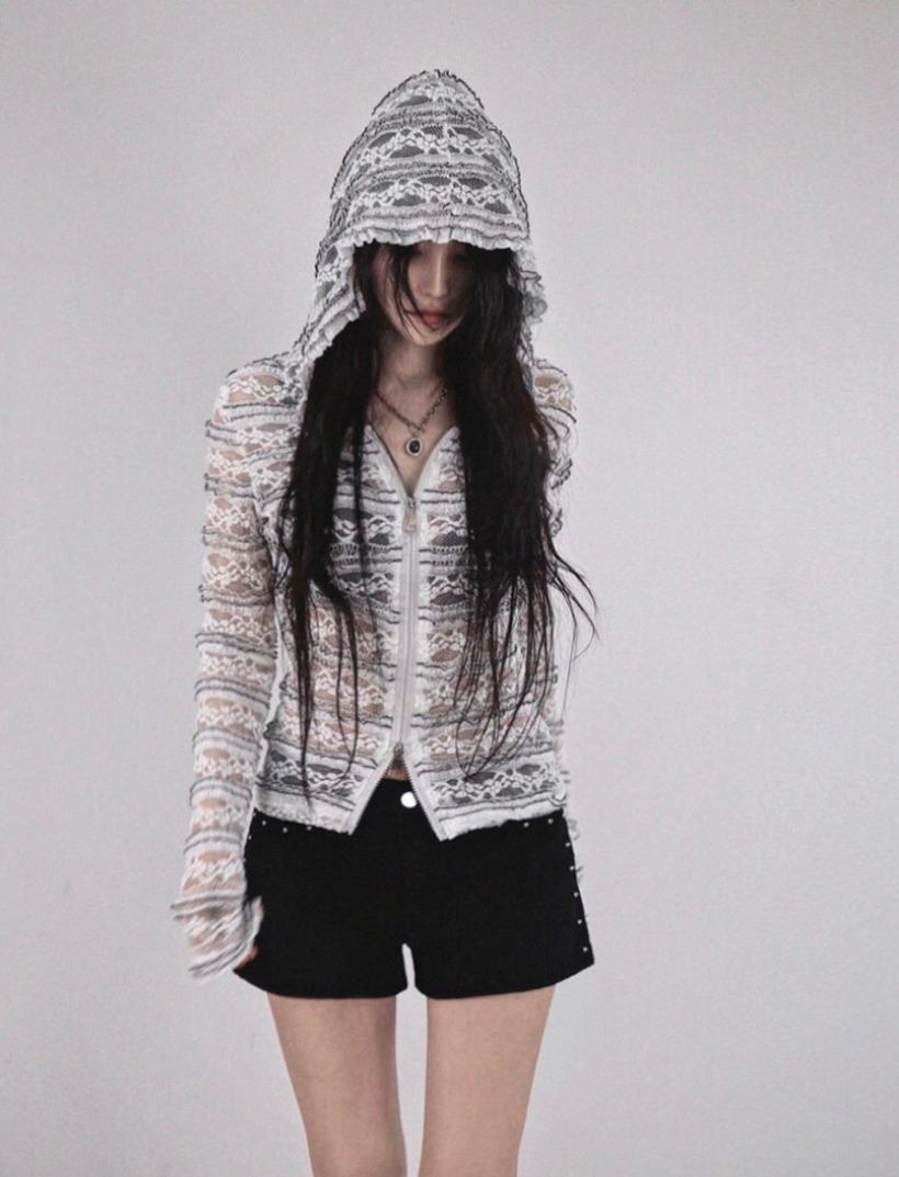 HIPPIE SEE-THROUGH LACE TWO-WAY ZIP-UP HOOD CARDIGAN 히피 시스루 레이스 투웨이 집업 후드가디건