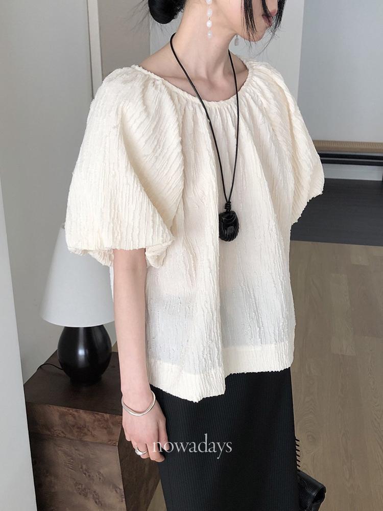 나우어데이즈 Le Butter 르버터 웨어 하프 블라우스 코튼 반팔 라운드 퍼프 벌룬 bl (2col)