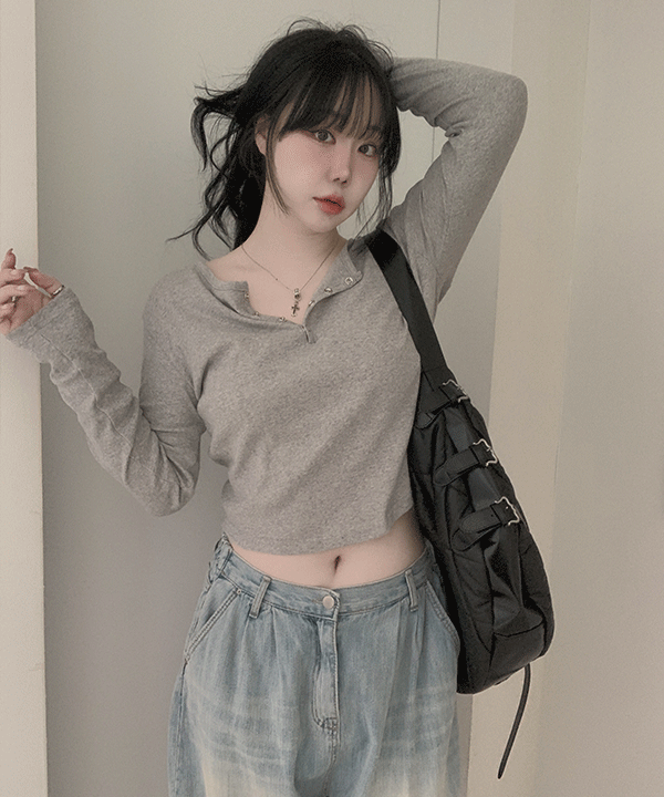 하비언니 #13038 [모델소장] 데일리 버튼 허리잘록 U넥 크롭 굴림 긴팔t : 4color