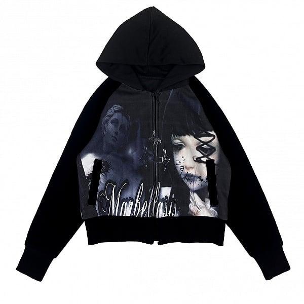 [$32.16]Black Emo Punk Spooky Girl Print Zip Hoodie