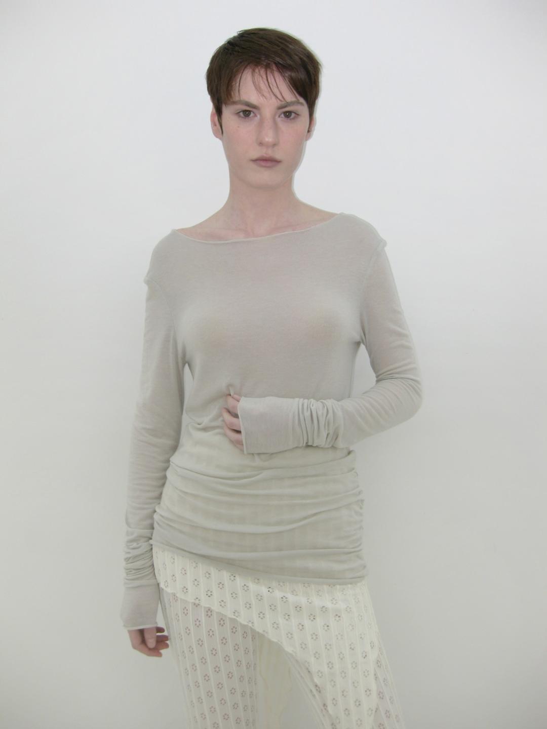 SHIRRING TENCEL LONG SLEEVE, LIGHT BEIGE