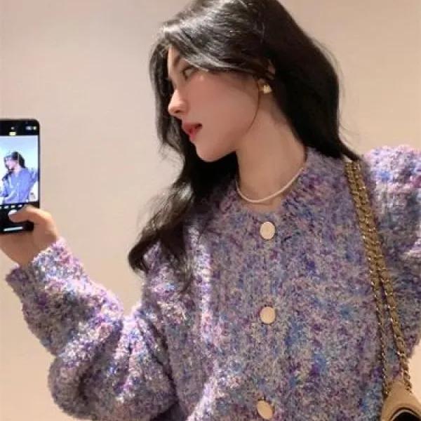 여성 보카시 보라 팝콘 부클 금장단추 라운드 루즈핏 도톰 숏 니트가디건 자켓