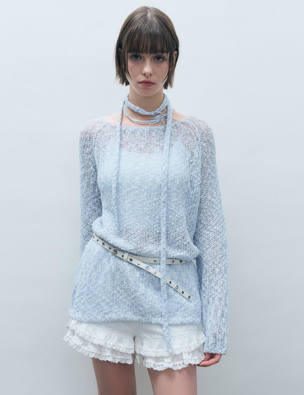 [스카프 SET] 네트 시스루 롱 슬리브 니트 스카이블루 MDKT094SKYBLUE