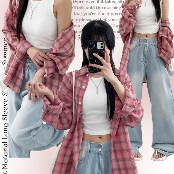 [여름셔츠🌴/빈티지] 핑크 러블리 체크 햇빛차단 데일리 셔츠 남방 (1color)