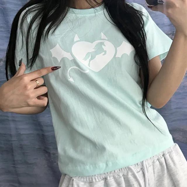 키치 미니 데빌 하트 포인트 프린티 세미 크롭 하프 티셔츠(3color)
