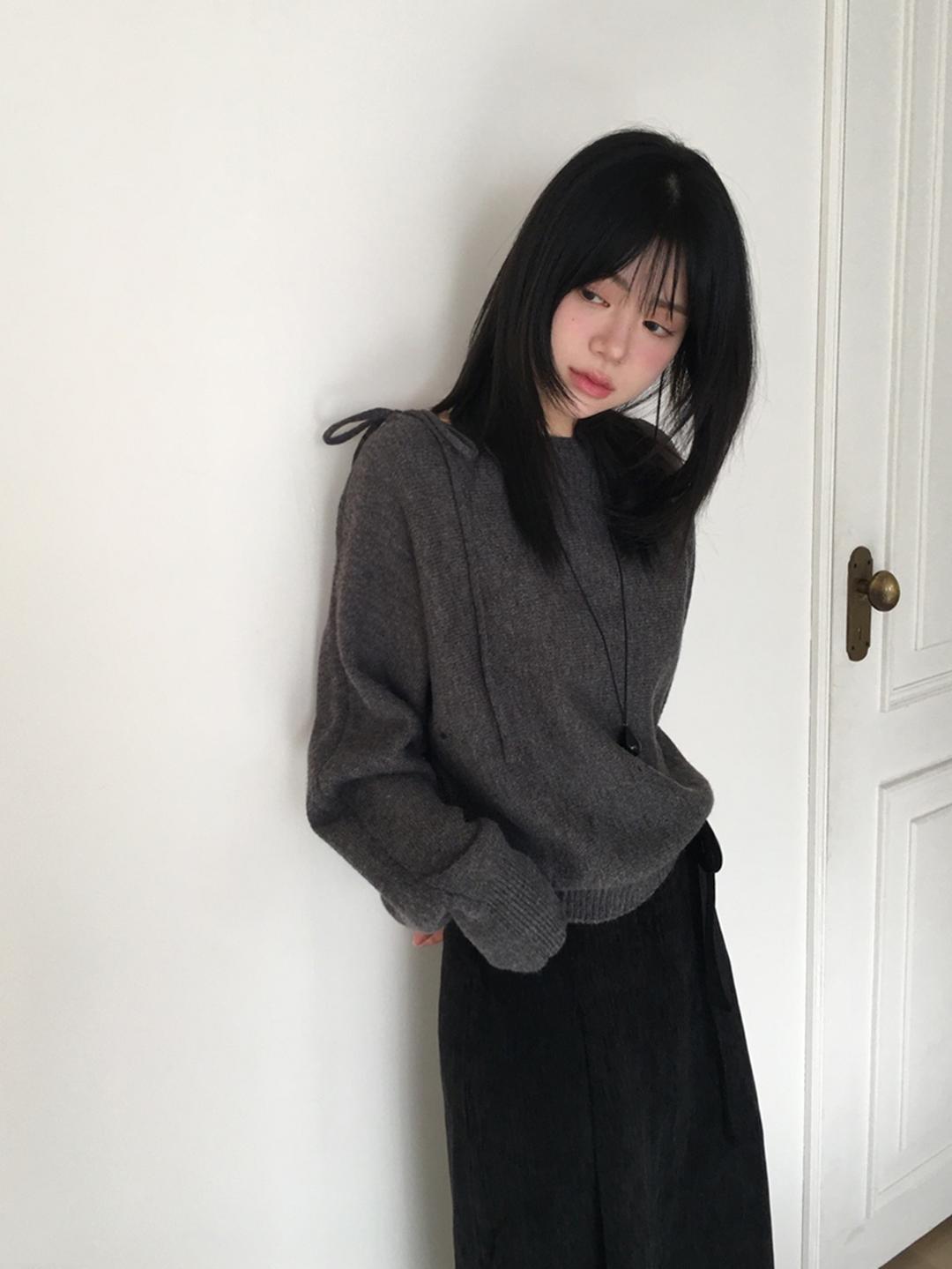 노비야카 [주문폭주/입고지연] Boat neck ribbon knit (Ivory, charcoal) *주문시7일소요