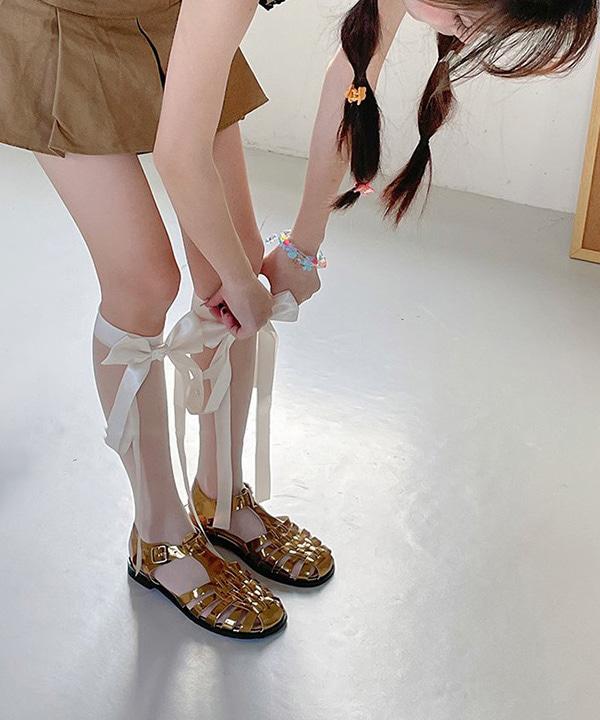 [무배] 로맨틱롱리본 스트랩양말스타킹 (화이트,블랙) *블랙핑크협찬* 셀럽pick