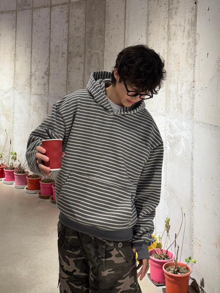 스트라이프 오버핏 핸드워머 후드티 3C
