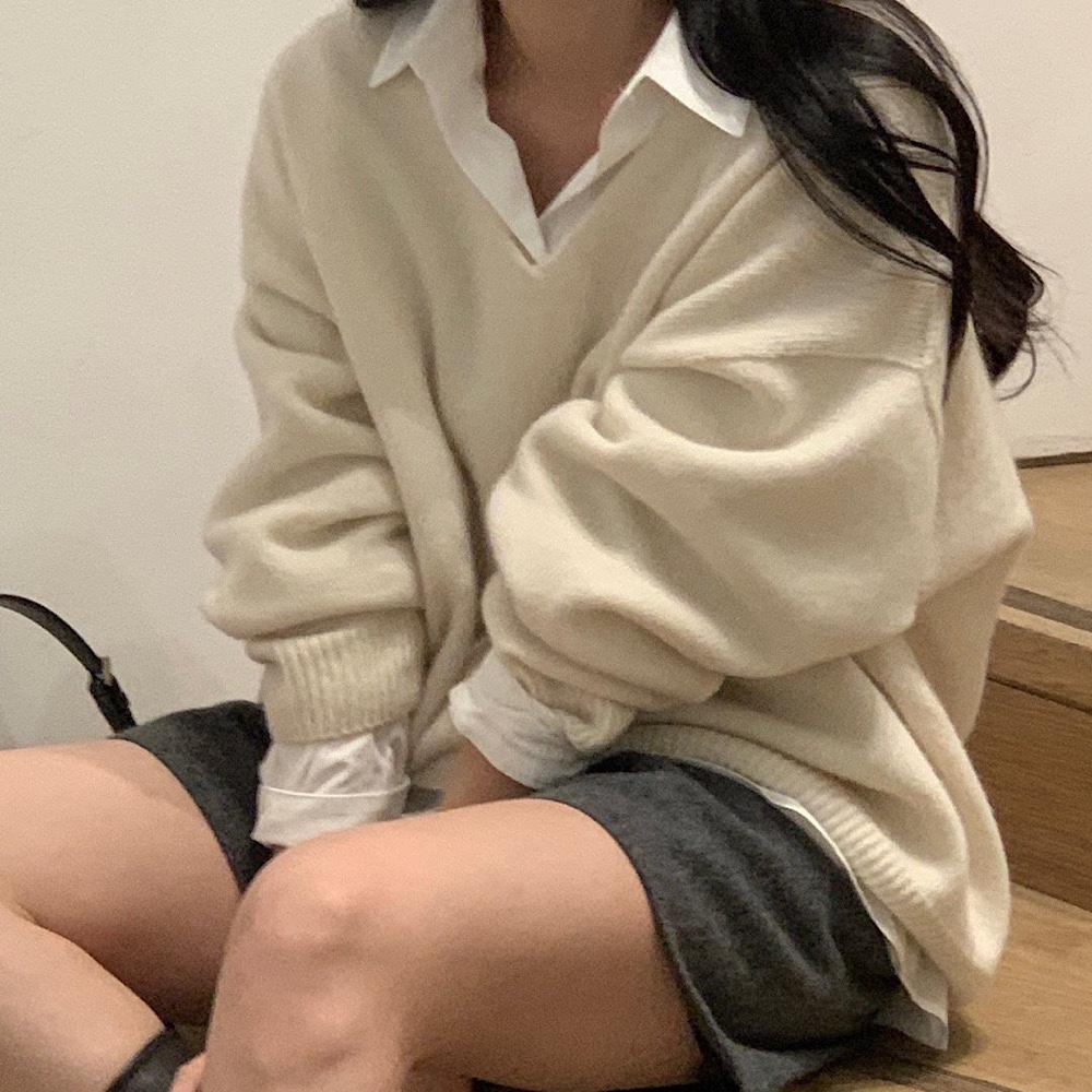 회곤차 당일/베르가못 홀가 브이넥 니트 캐시미어 울 루즈핏 긴팔 데일리 nt(3col)