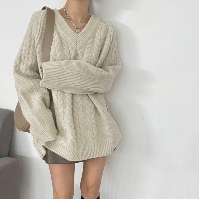 [3col] 원피스가능:) 두툼 브이 꽈배기 케이블 롱 니트 _ 더라이브