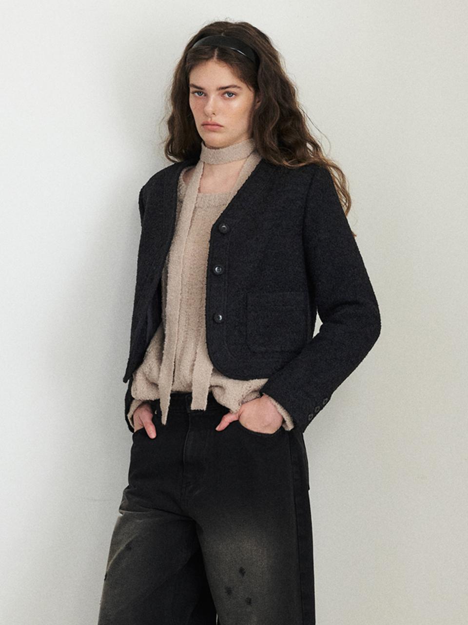 Curved Boucle Tweed Jacket, Black