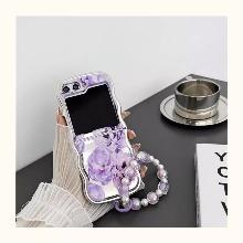 ( 플립5 신상 ) 보라 장미 실버 웨이브 스트랩 세트 케이스 ( 갤럭시 z플립 5 4 3 )