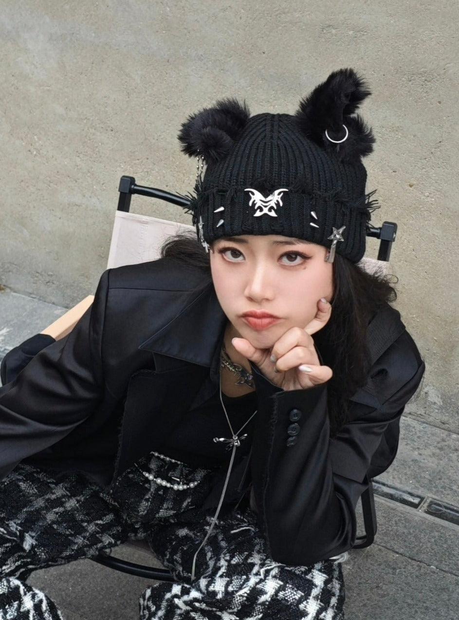 Fervooor black dog ear knit cap hat