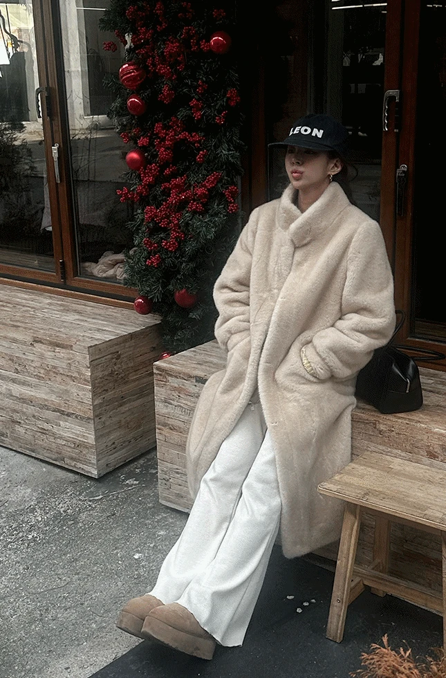 플러시 롱 퍼 코트