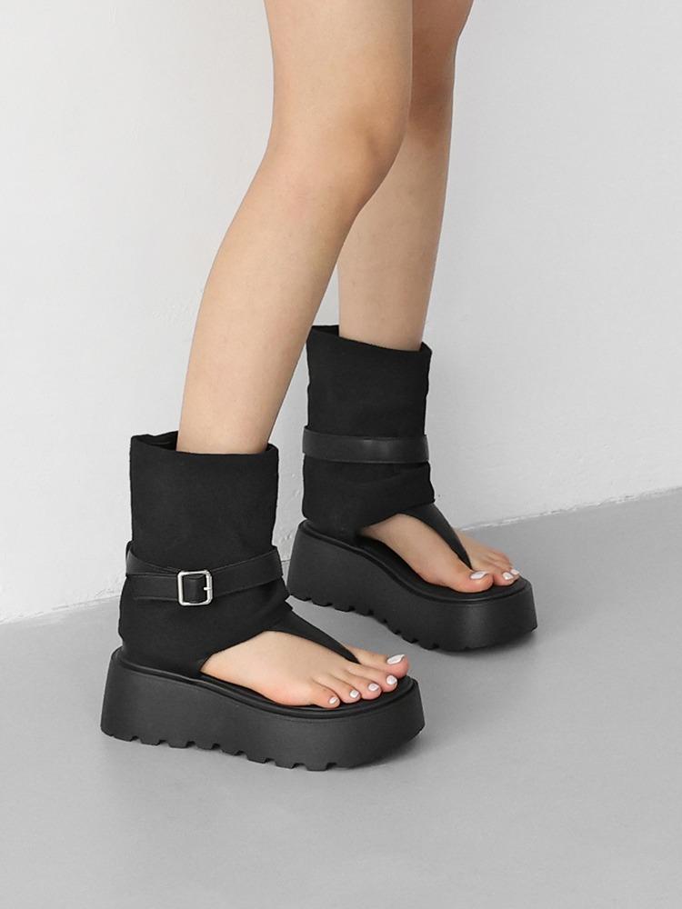 카리안 힙스터 컬러 콤비 배색 사이드 지퍼 통굽 플리플랍 쪼리 워머 부츠(6.5cm) ♡