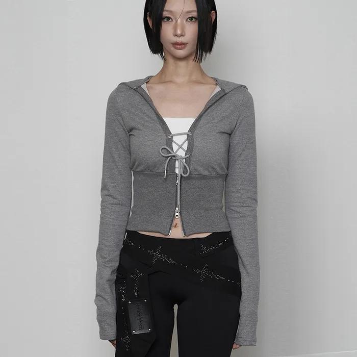 V-neck Corset Ribbed Hoodie zip-up (MELANGE GRAY)