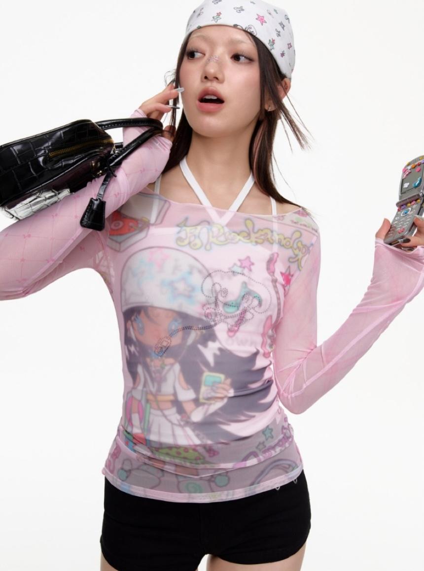 BETWEENAND Millennium Dream Pink Mesh One-Line T-Shirt