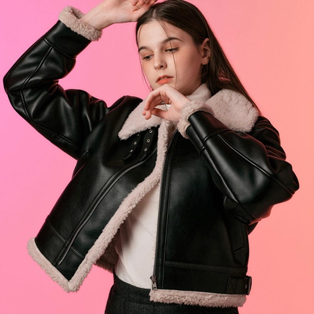 블러드 셔링 양털 플리스 레더 무스탕 자켓 [Black_Beige]