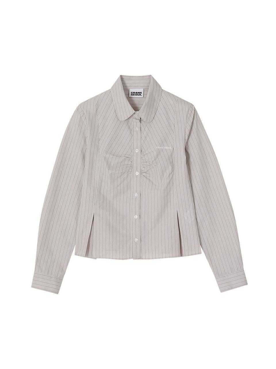 SHIRRING PLEATS STRIPED SHIRT_BEIGE
