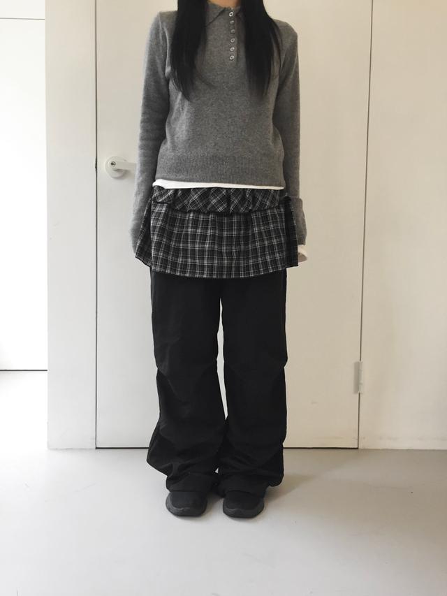 【PRENDA】 CHECKED FRILL SKIRT CUT-OFF BOOTS CUT PANTS 프렌다 CHECKED FRILL SKIRT CUT-OFF BOOTS CUT PANTS CHARCOAL