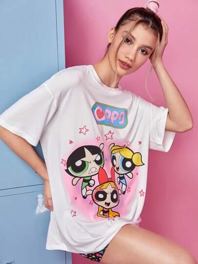 The Powerpuff Girls | ROMWE 카툰 그래픽 드롭 숄더 오버사이즈 티셔츠, 학교