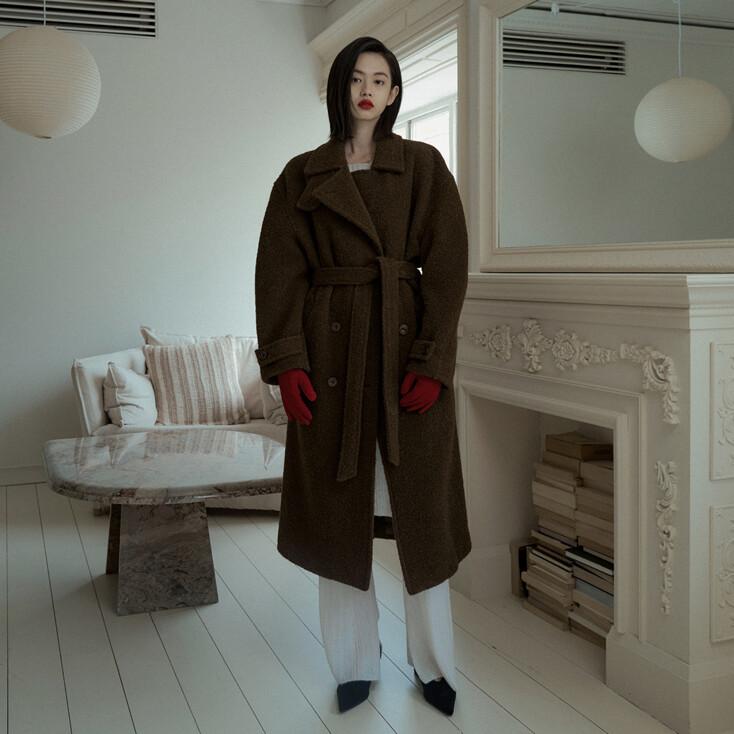 ALPACA BELTED DOUBLE COAT_BROWN