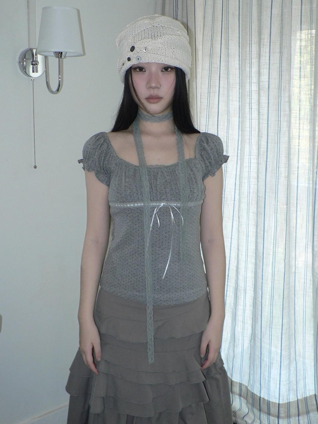 ang:project Nostalgic Lace-trim Scarf Puff Top (2color)