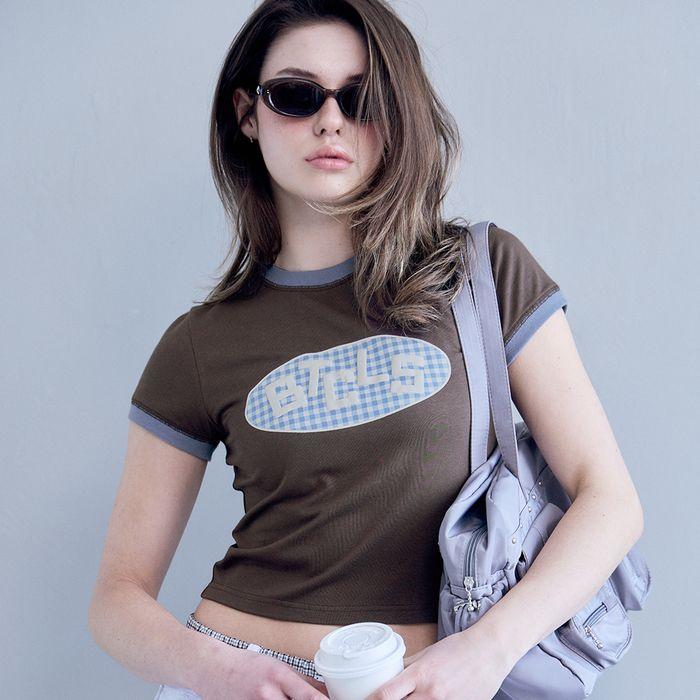 Heidi Check Ringer Tee-Brown