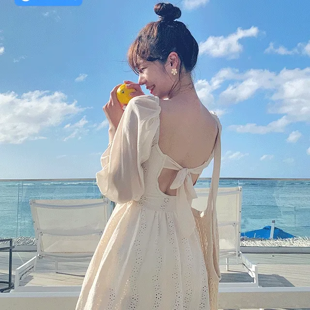 [팔뚝커버/군살커버/M-XL] 리본스트랩 펀칭 원피스 수영복 아이보리 크림 소매 체형 뱃살 커버 비키니