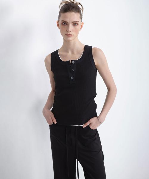 RIBBED COTTON HENLEY NECK TANK (BLACK)