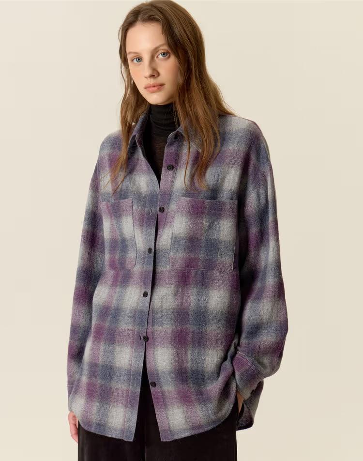 바이올렛 체크 울 긴팔셔츠