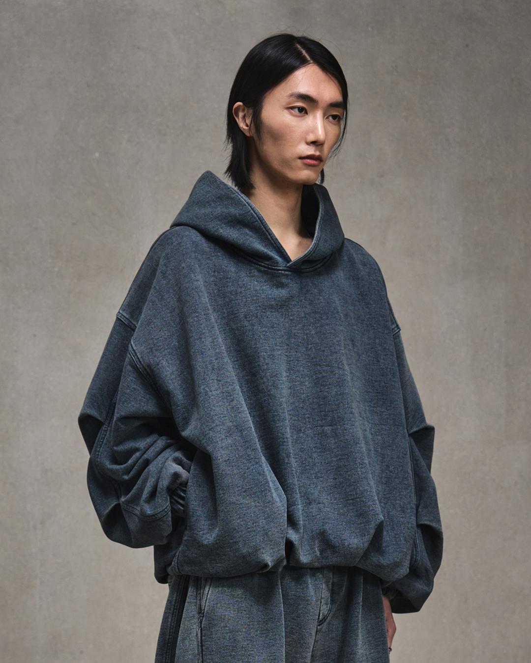 플리츠 벌룬 데님 스웻 후디 WASHED BLUE