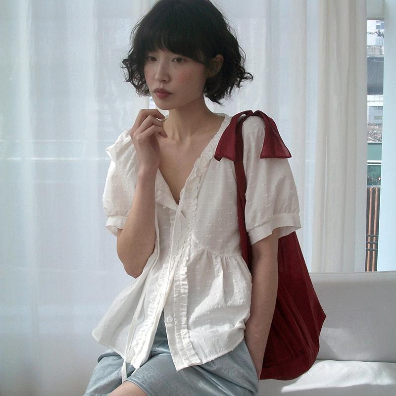 프롬비기닝 어도브 프릴 하프 슬리브 블라우스 (하객룩 블라우스 반팔블라우스 휴양지 하객 휴양지룩 여름 프릴블라우스 출근룩 하객룩블라우스)
