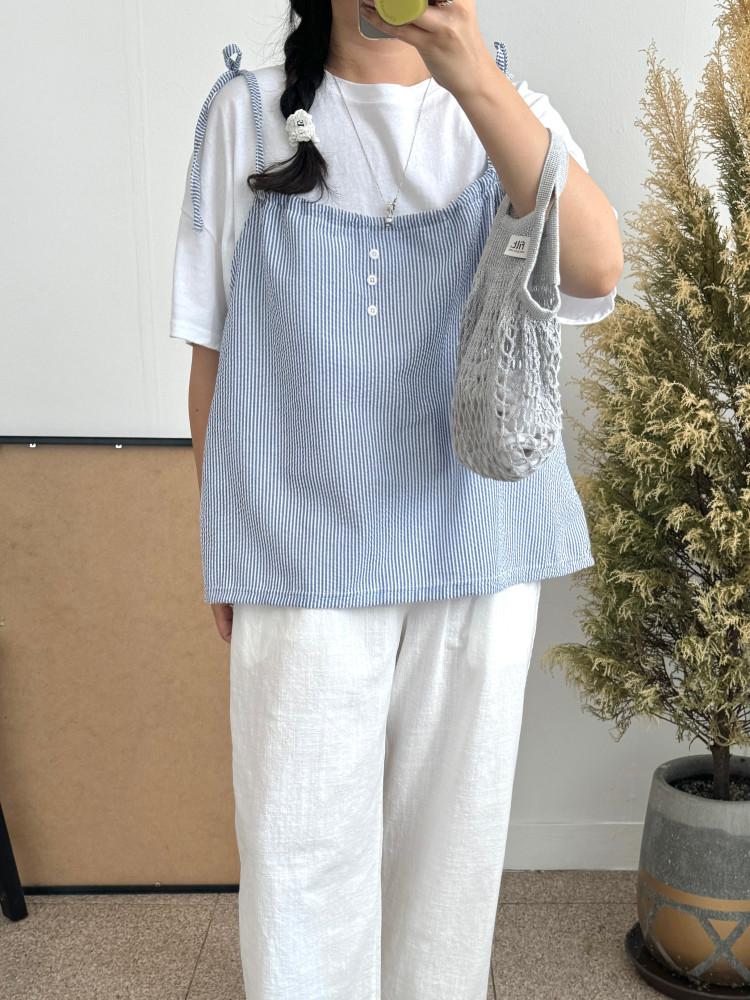 로제 시어서커 버튼 리본 끈나시 (2color) (55-88) (2size)