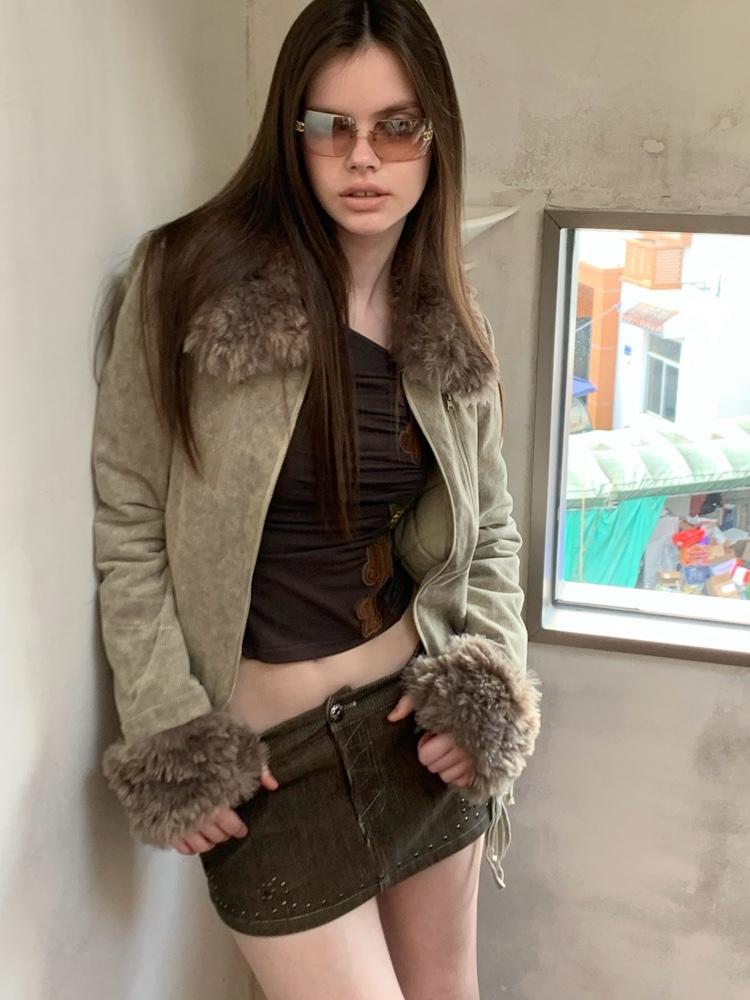 Universe Hippie lambswool collar patchwork jacket