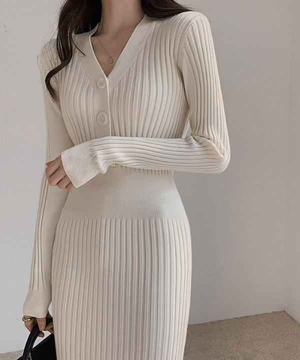레버 브이넥 버튼 골지 니트 롱 원피스
