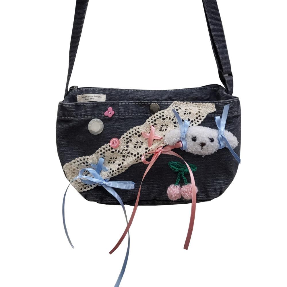강아지 리본 미니 크로스백 숄더백 가방 패치워크 업사이클 Y2K